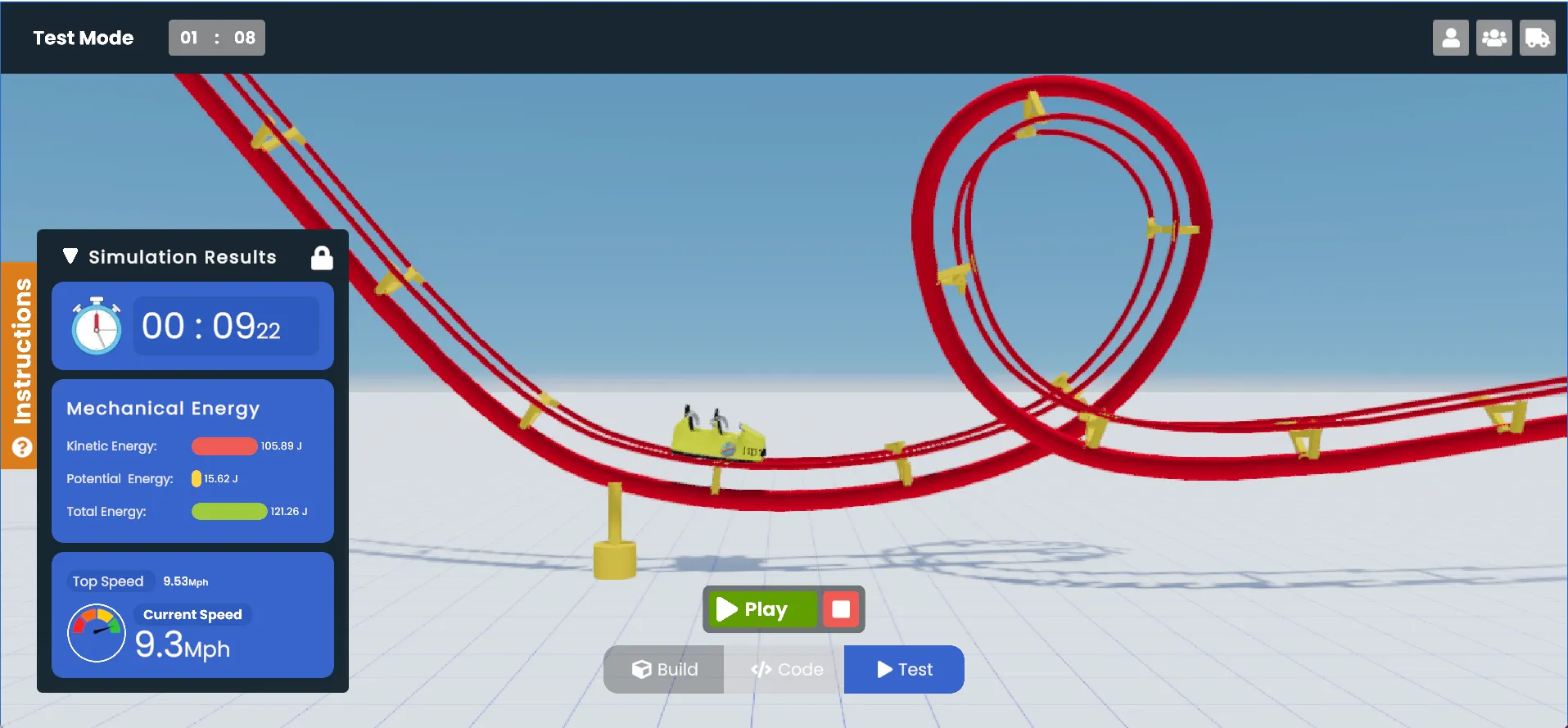 A student’s roller coaster design built in the Qweebi online makerspace.