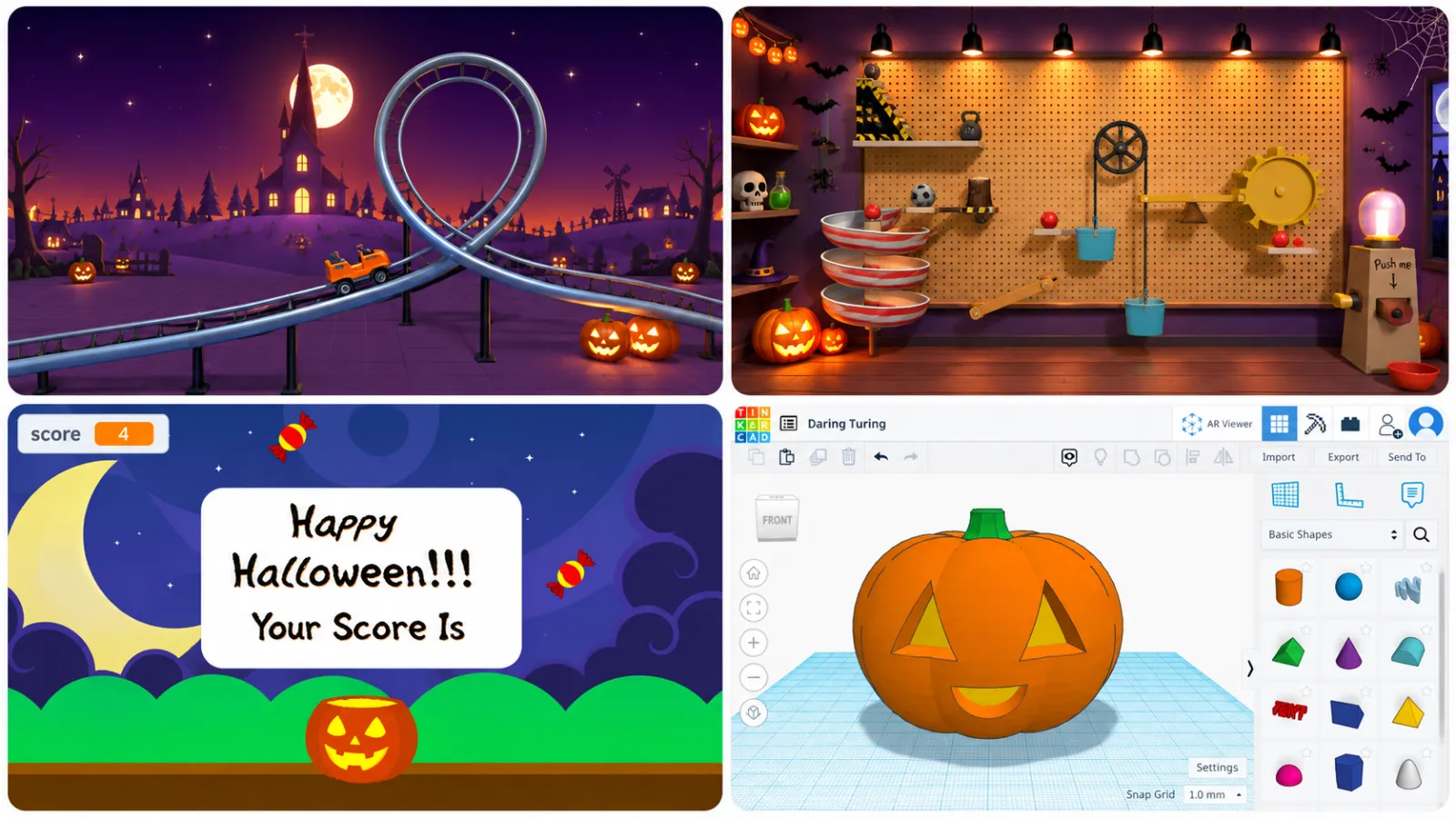 A grid of four digital Halloween STEM activities — a haunted roller coaster, a spooky Rube Goldberg machine, a Trick-or-Treat Scratch game, and a 3D jack-o'-lantern in Tinkercad