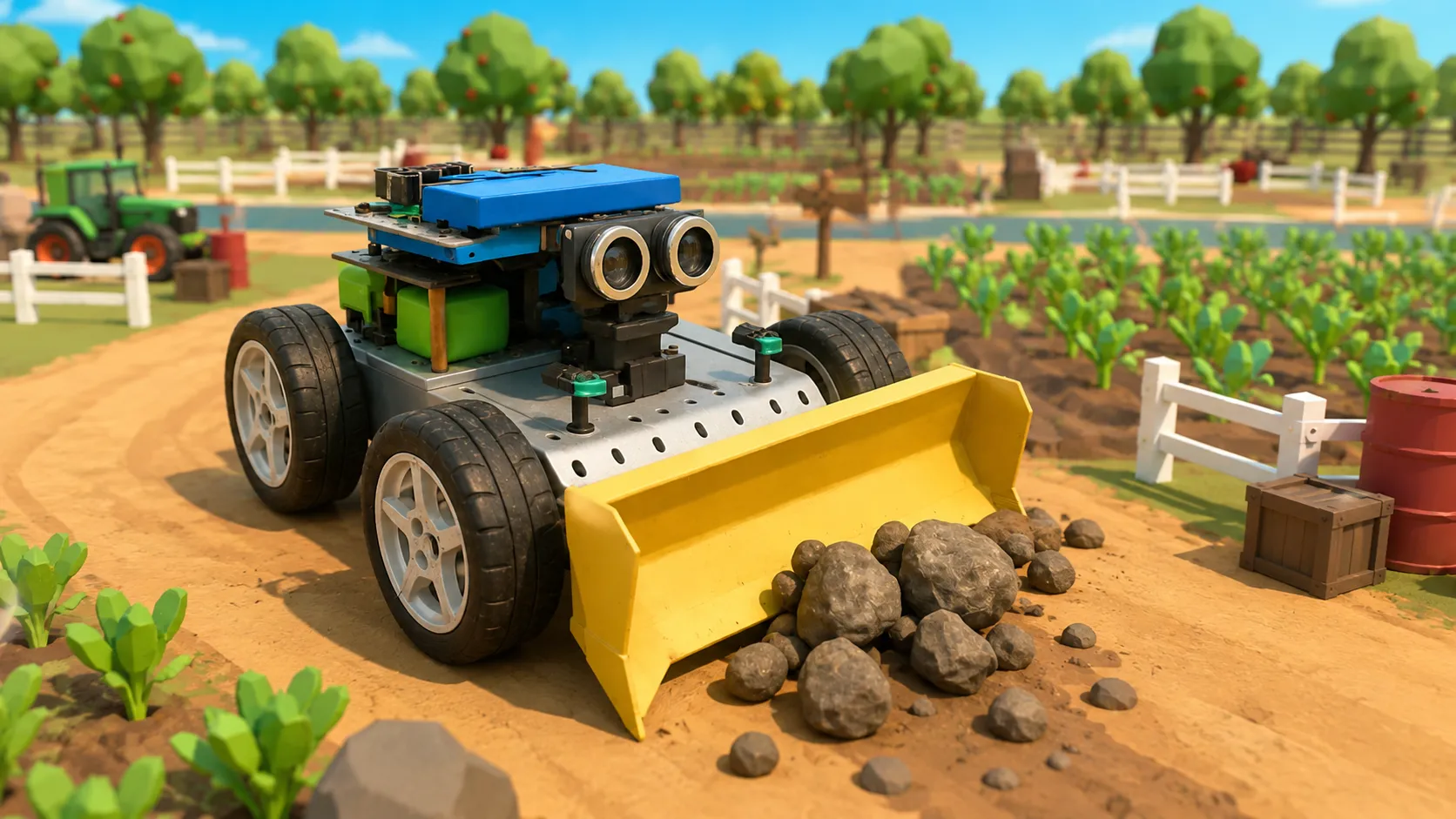 Yellow farm robot navigating a dirt field in Qweebi's online Makerspace
