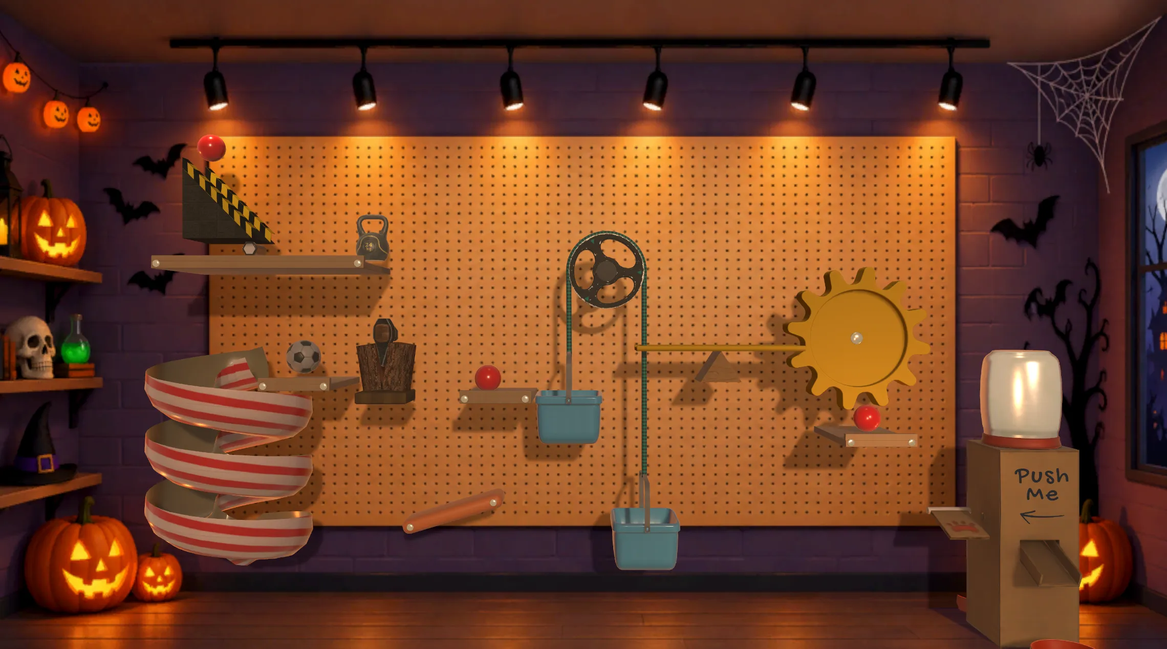 Halloween-themed Rube Goldberg machine on Qweebi’s digital pegboard