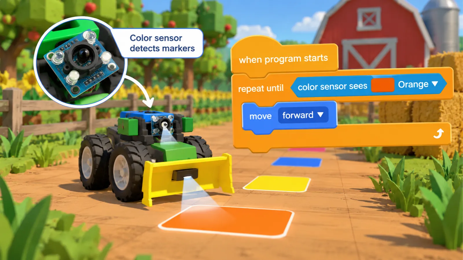 Farm robot using a color sensor to detect an orange marker, next to a repeat-until color sensor block