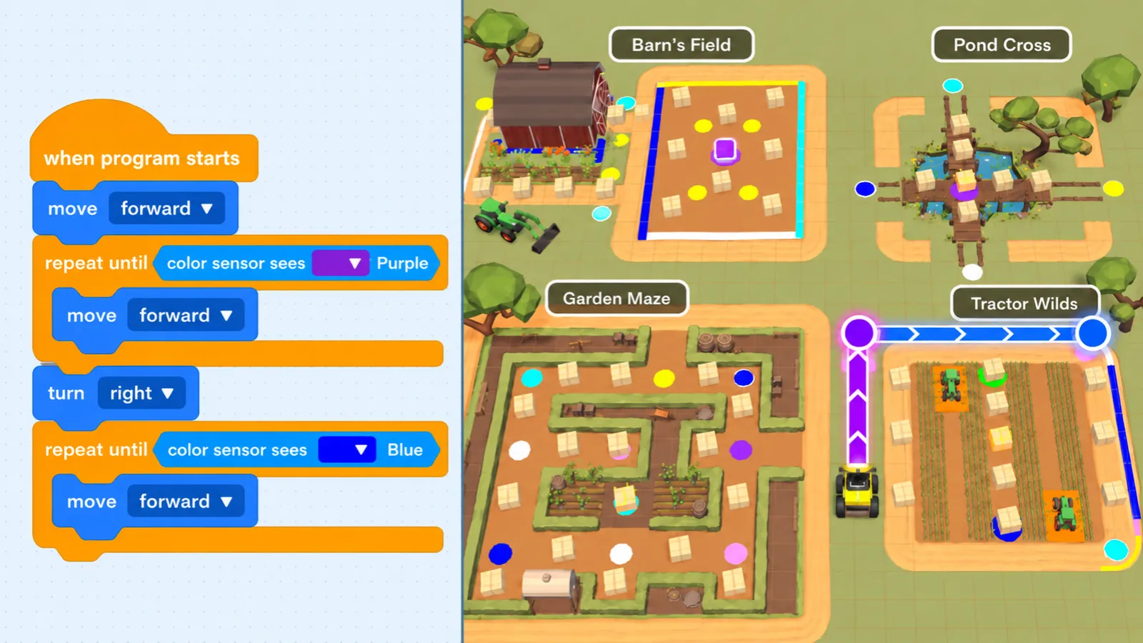 Screenshot of the HaulBot Final EDP Challenge in Qweebi's online Makerspace, with color sensor code blocks beside a farm map