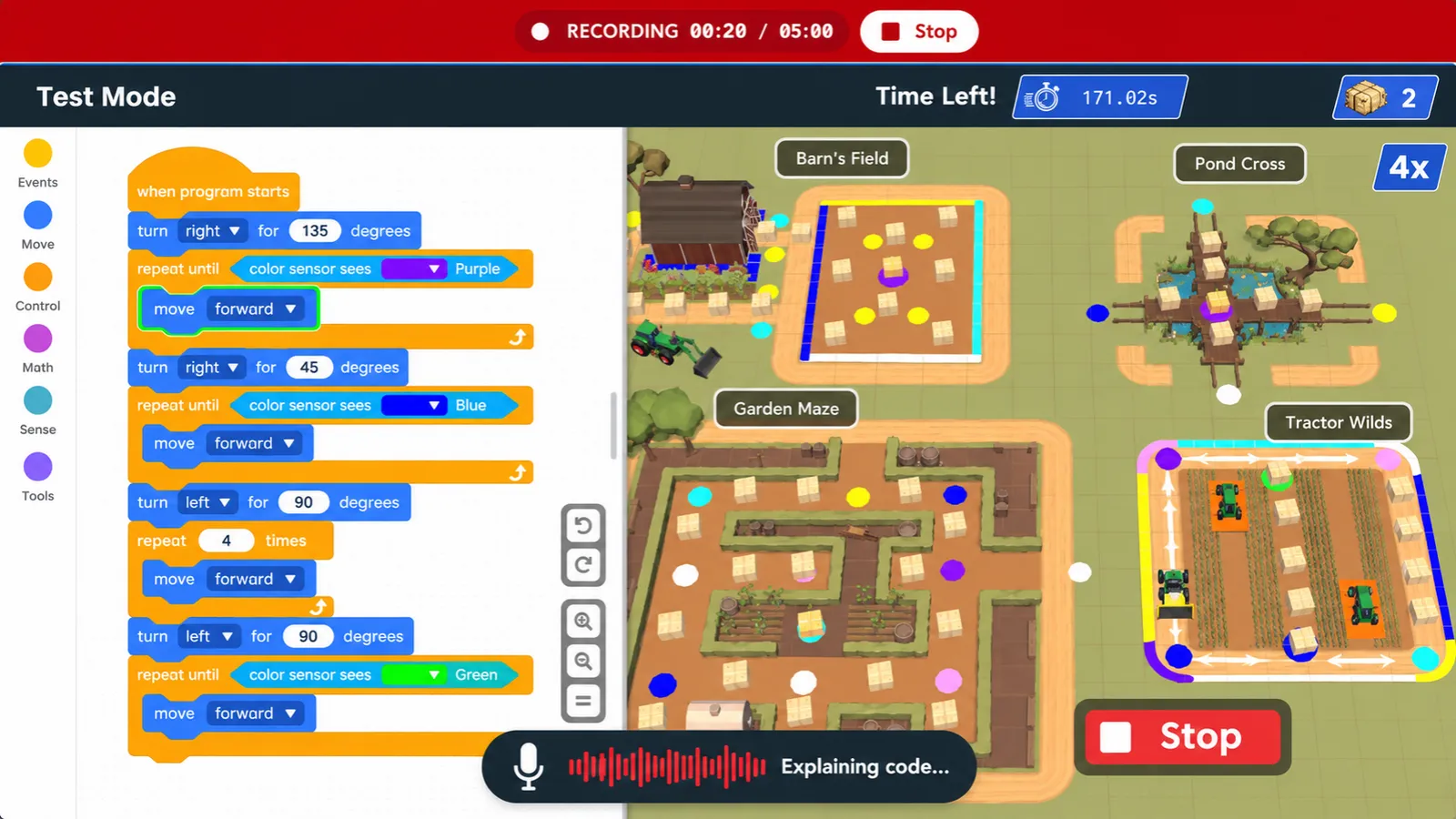 Screenshot of a student recording a show-and-tell video while testing their HaulBot code in Qweebi's online Makerspace
