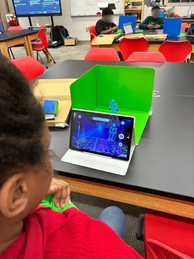 A sixth-grade student’s stop-motion animation setup in Lilly Chappell’s classroom.