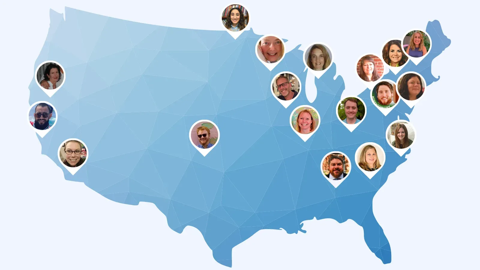 A map of the United States pinned with photos of the partner teachers who helped shape Qweebi, in the states they taught in.