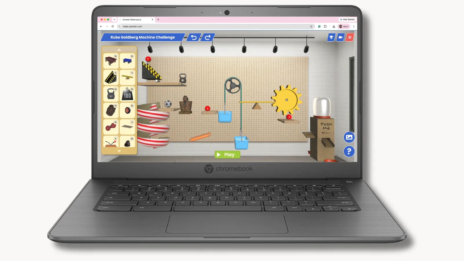 The Qweebi Rube Goldberg Machine Challenge running in a browser on a Chromebook.