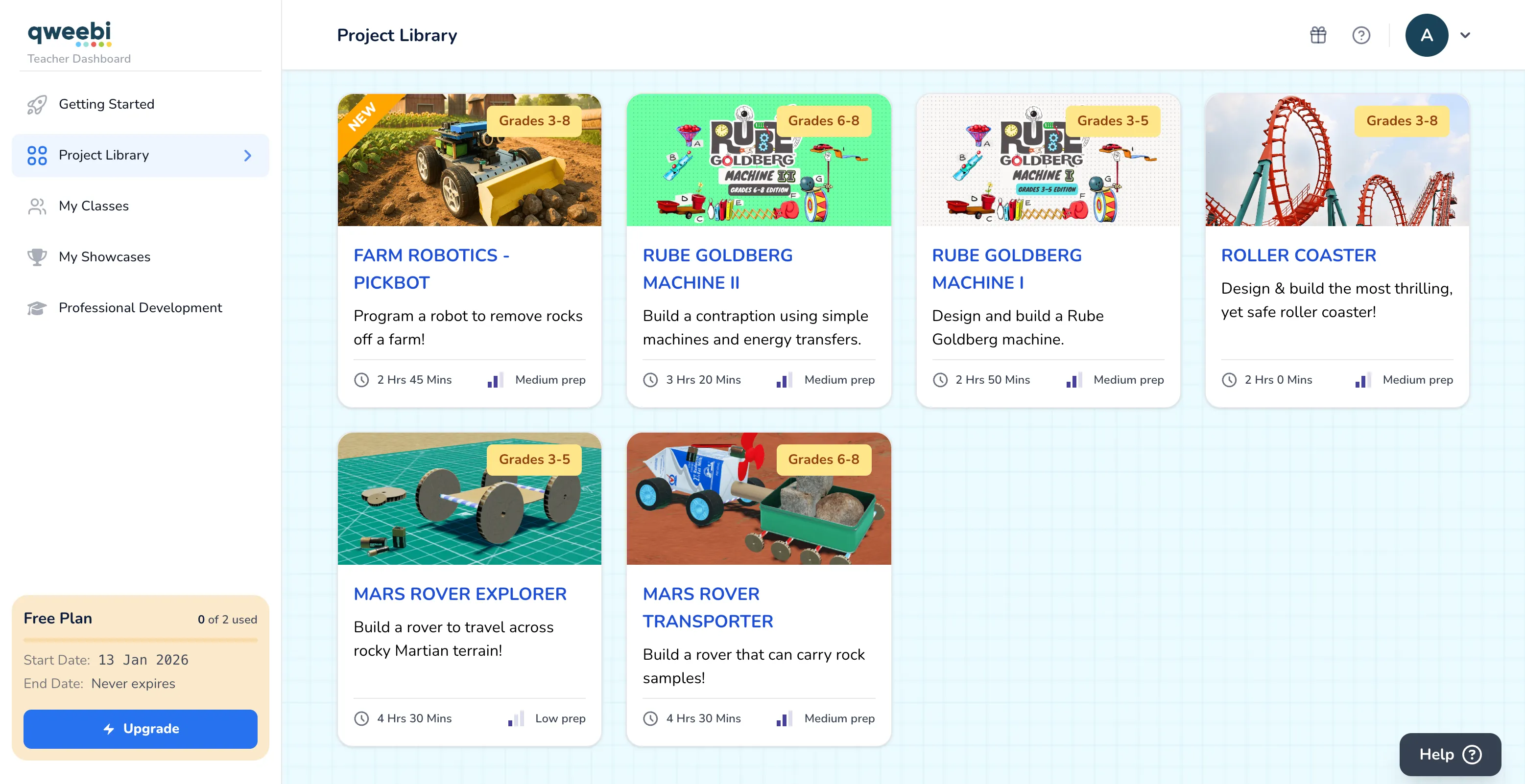The Qweebi teacher dashboard showing the project library with grade levels and time estimates.