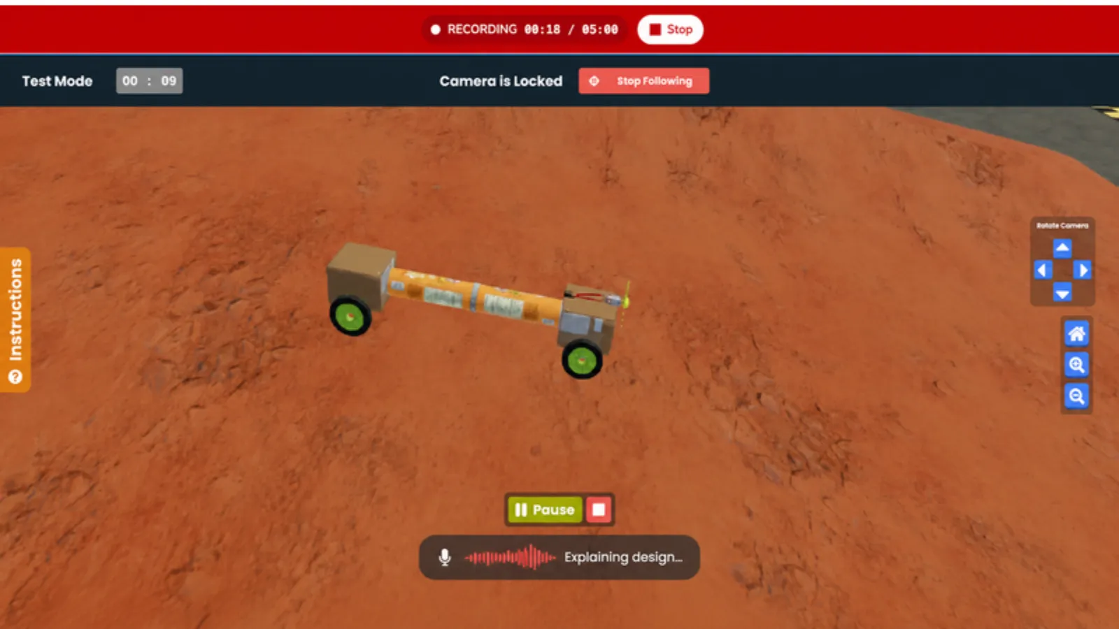 Screenshot of a student recording a show-and-tell video of their Mars rover in Qweebi