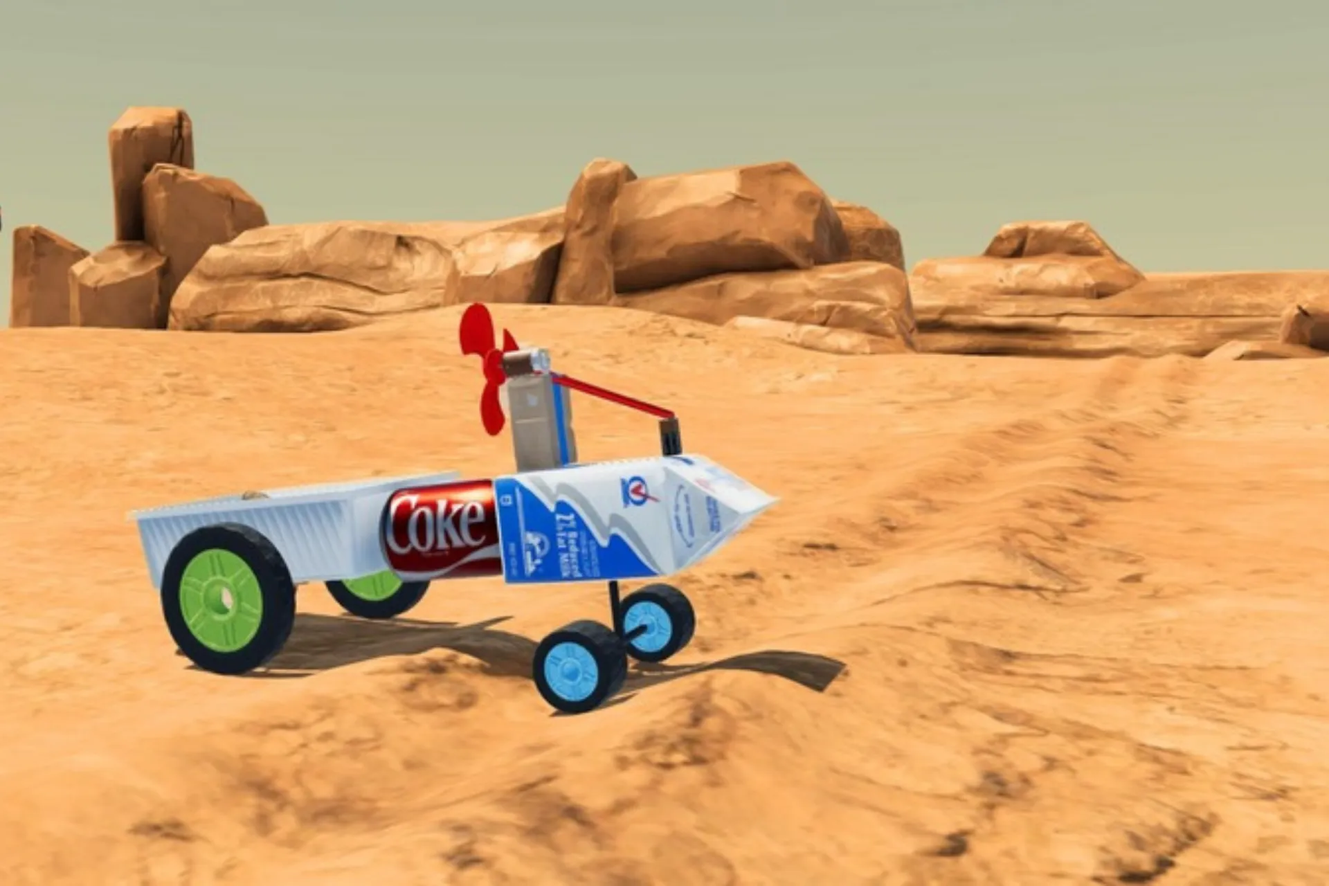 Model Mars rover with a propeller design built for rocky Martian terrain