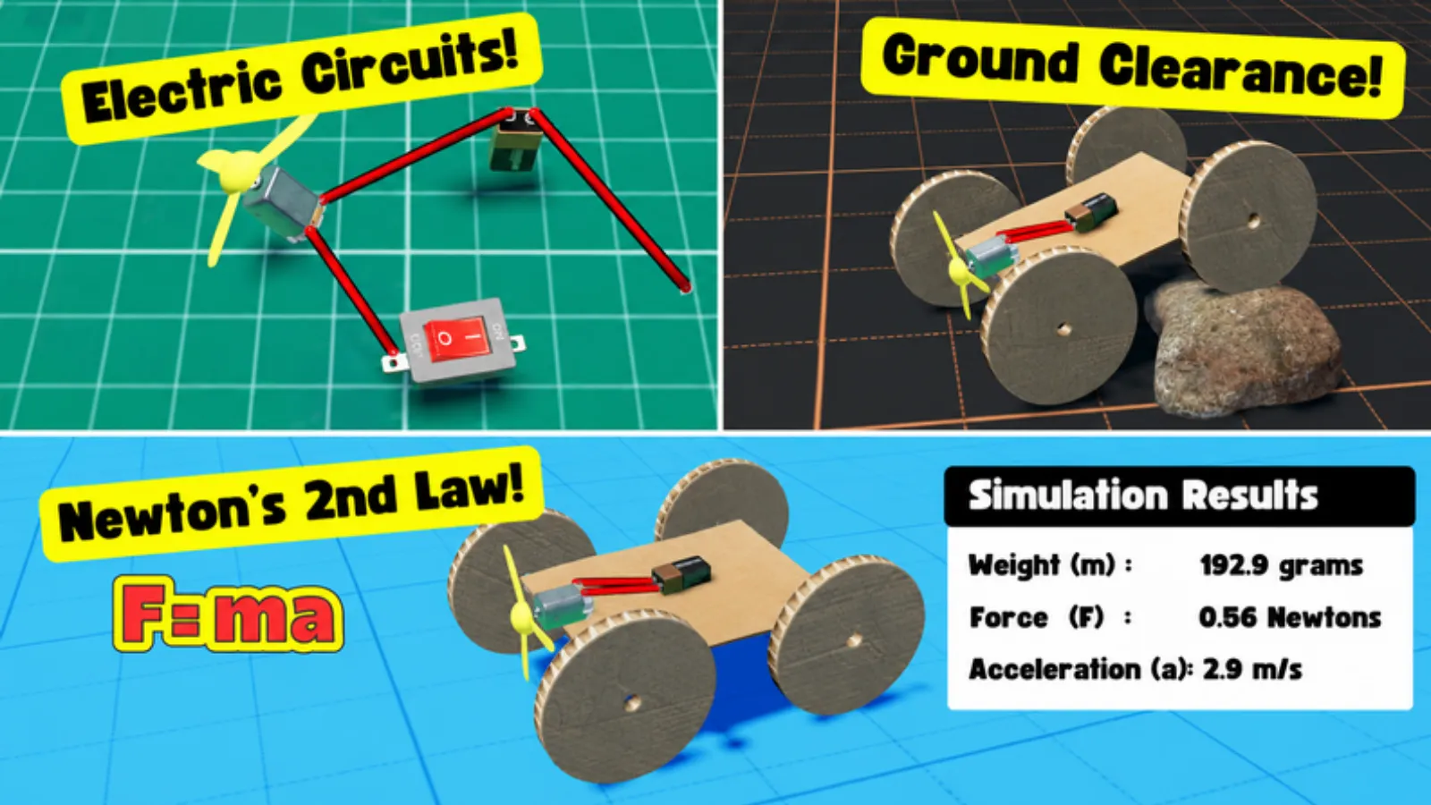 Screenshot of a Qweebi challenge teaching Newton's Second Law and ground clearance for Mars rover design