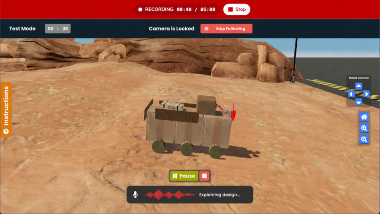Screenshot of a student recording a show-and-tell video of their Mars rover in Qweebi