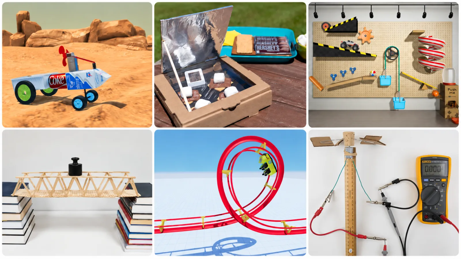 A grid of hands-on middle school STEM projects — a Mars rover, solar oven, Rube Goldberg machine, popsicle-stick bridge, roller coaster, and wind turbine