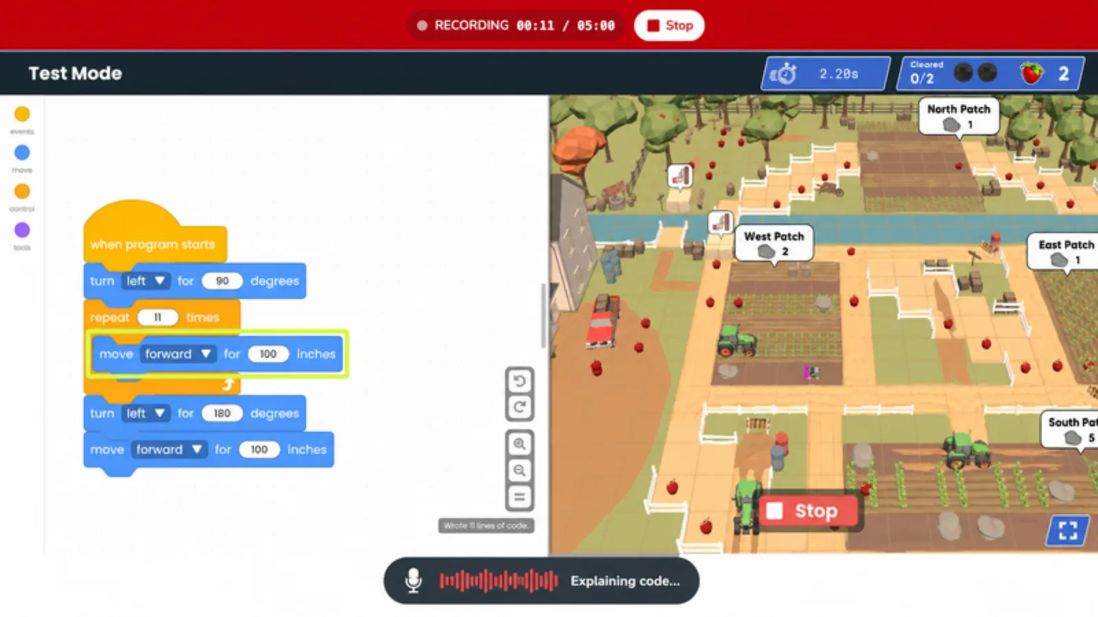 Screenshot of a student recording a show-and-tell video of their farm robot code in Qweebi