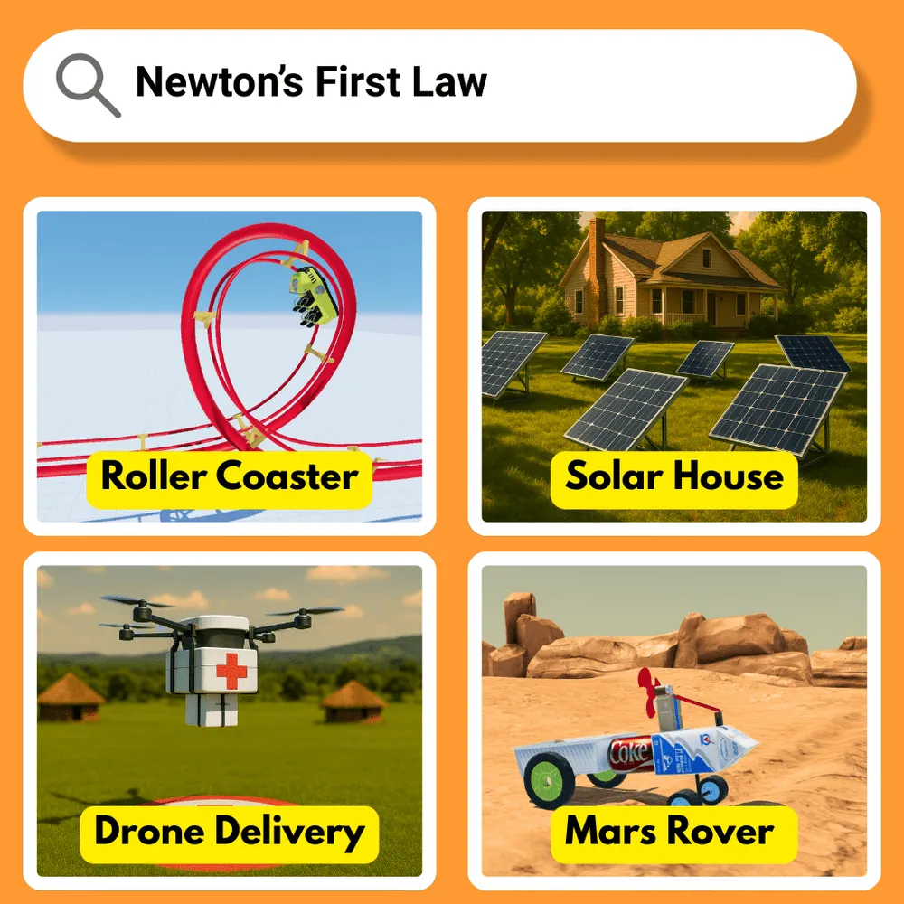 The Qweebi project library, filtered by 'Newton's First Law', showing Roller Coaster, Solar House, Drone Delivery and Mars Rover projects.
