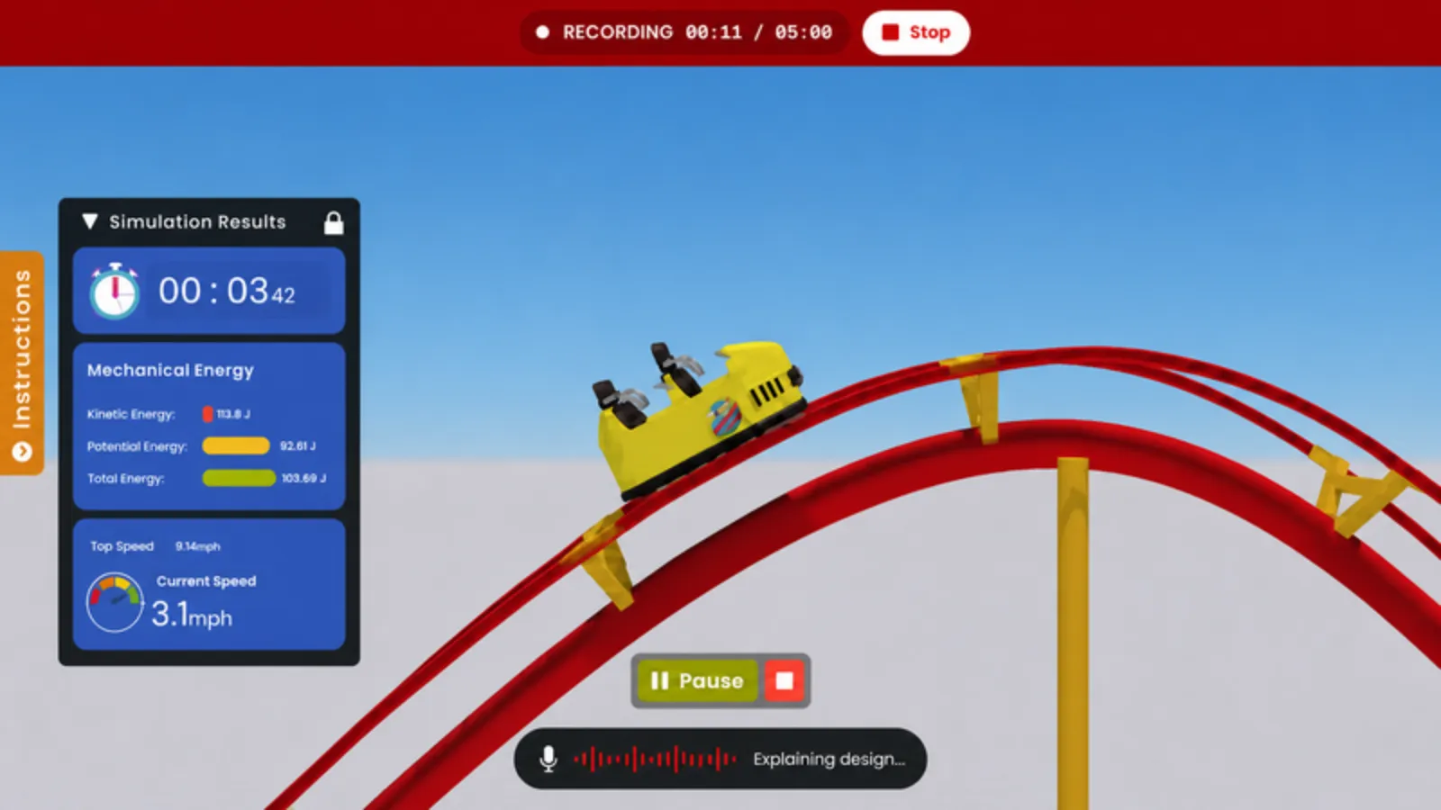 Screenshot of a student recording a show-and-tell video of their roller coaster design in Qweebi