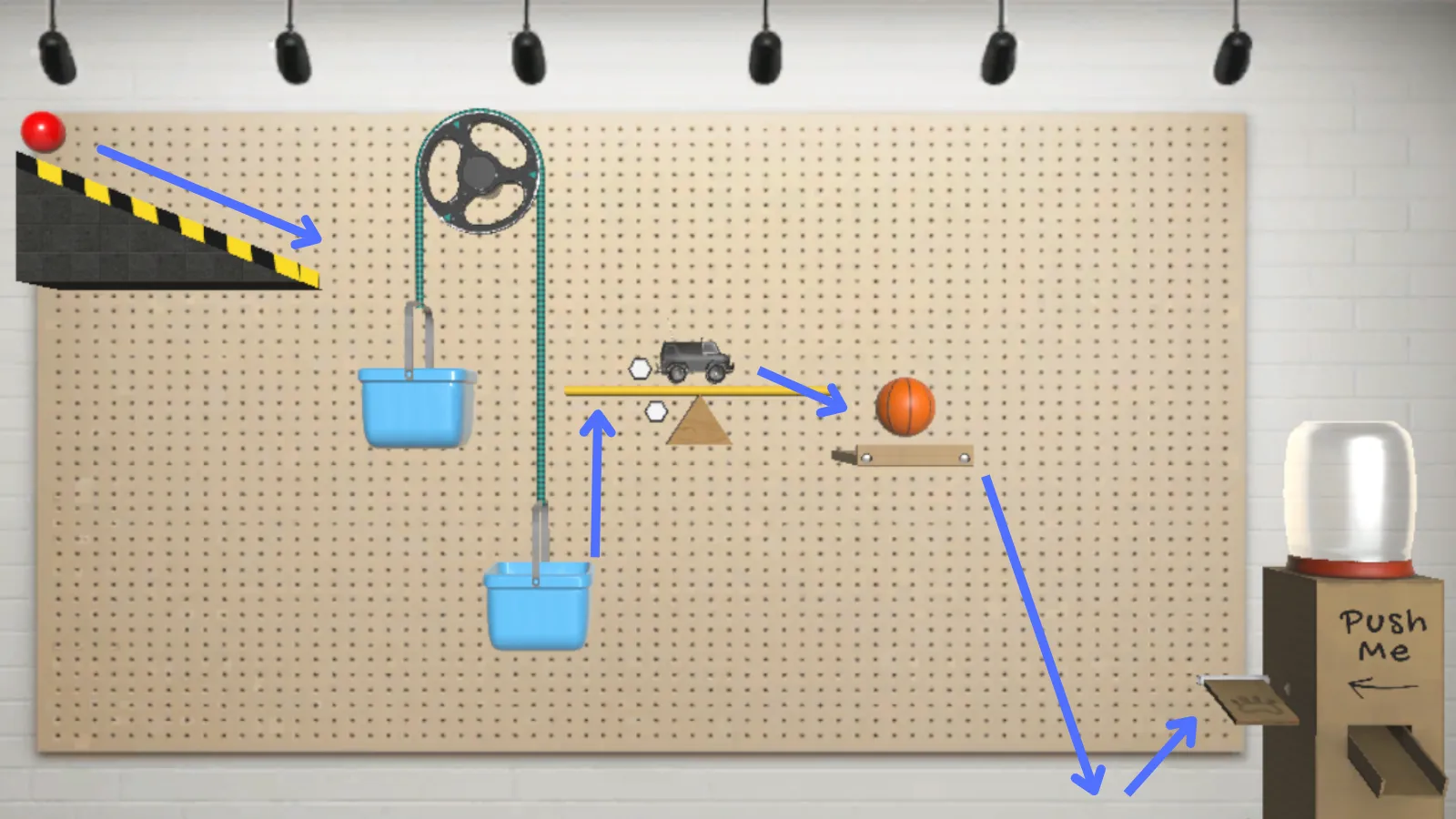 Screenshot of the Rube Goldberg machine builder interface in Qweebi's online Makerspace