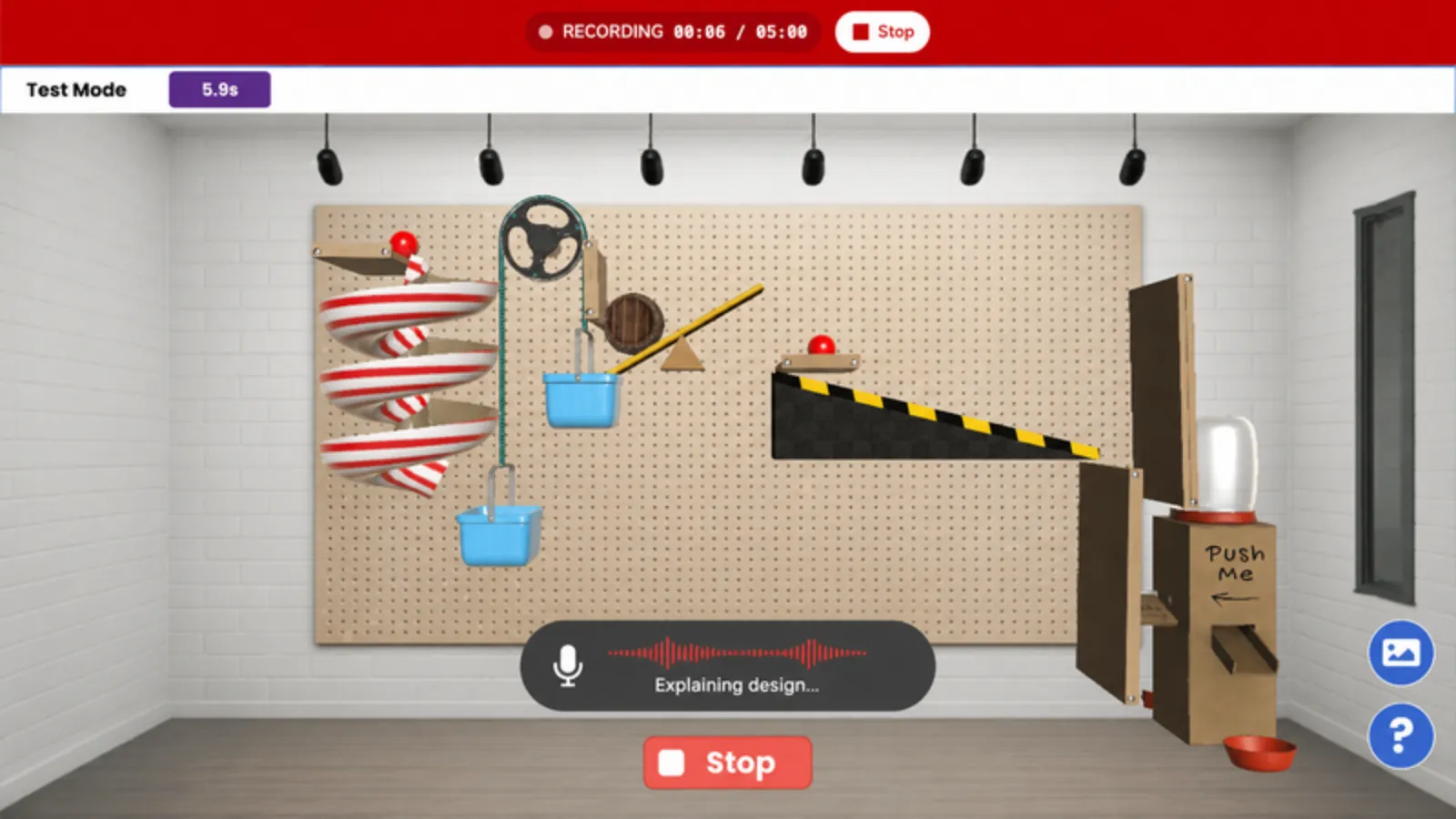 Screenshot of a student recording a show-and-tell video of their Rube Goldberg machine in Qweebi