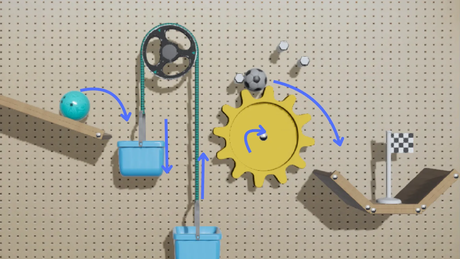 Screenshot of the Rube Goldberg machine builder interface in Qweebi's online Makerspace