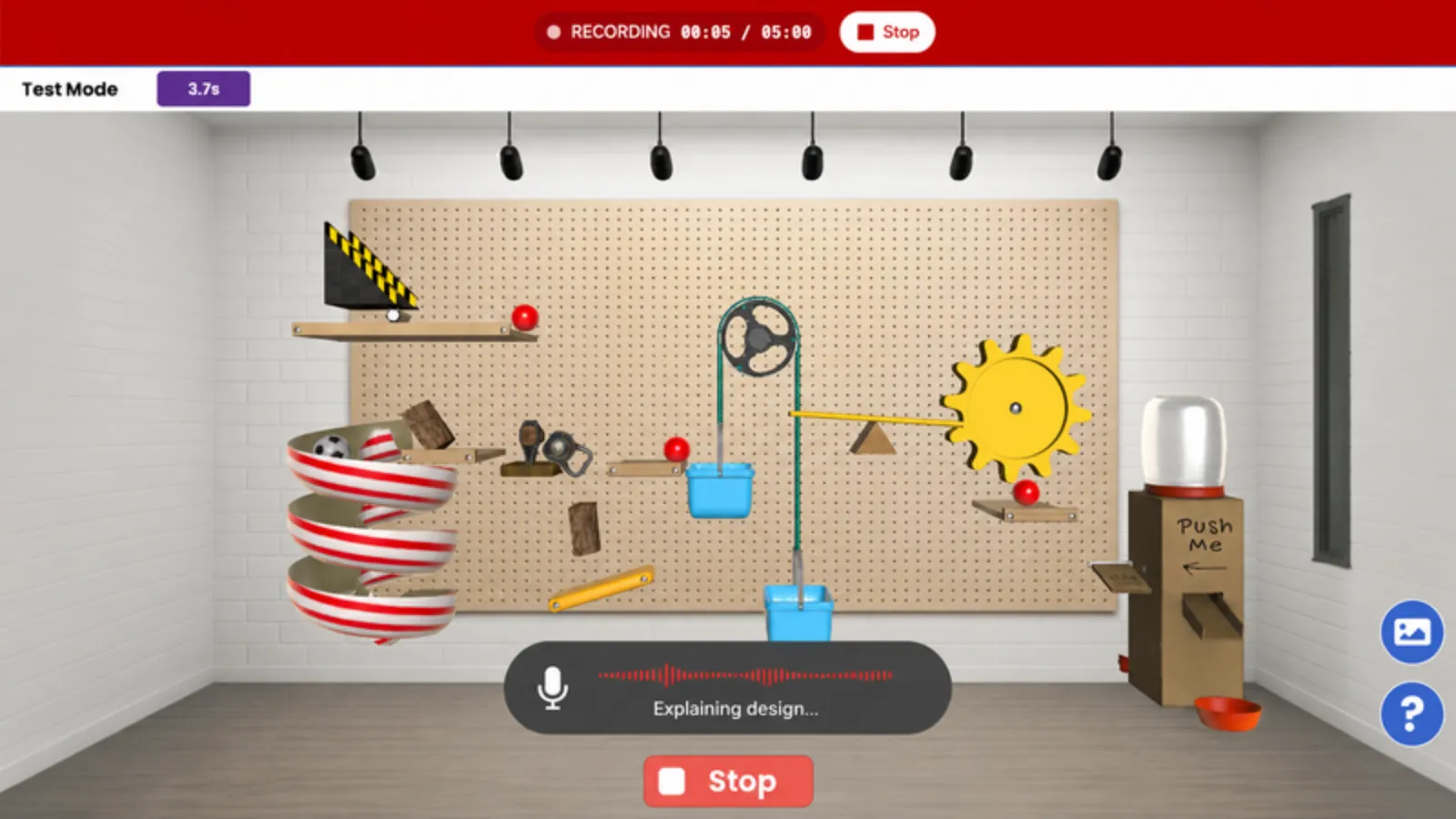 Screenshot of a student recording a show-and-tell video of their Rube Goldberg machine in Qweebi