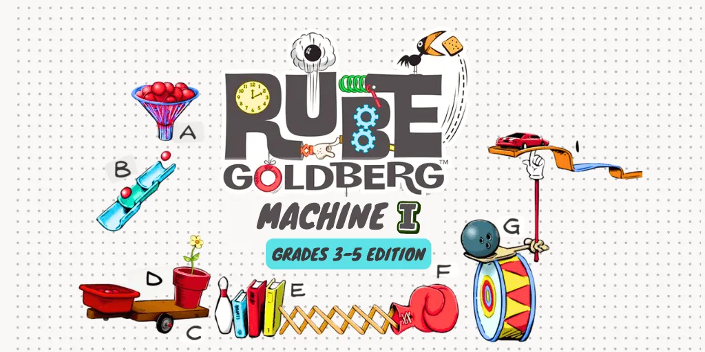 Illustration of a Rube Goldberg machine build on a pegboard, showing simple machines connected in a chain reaction