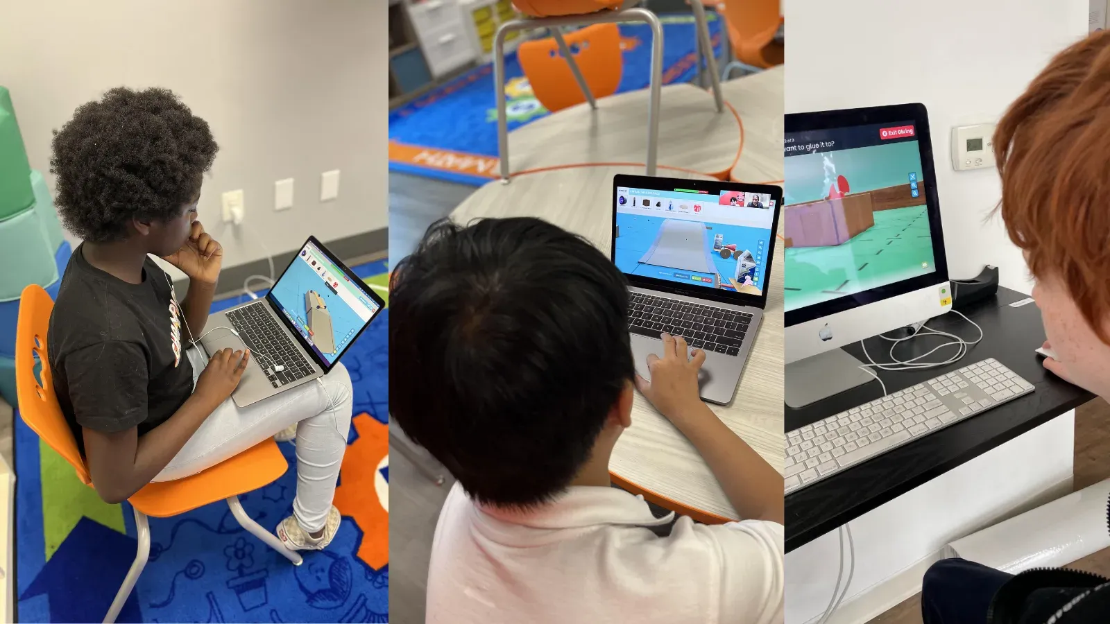 Three students testing early Qweebi projects, two on laptops and one at a desktop computer.